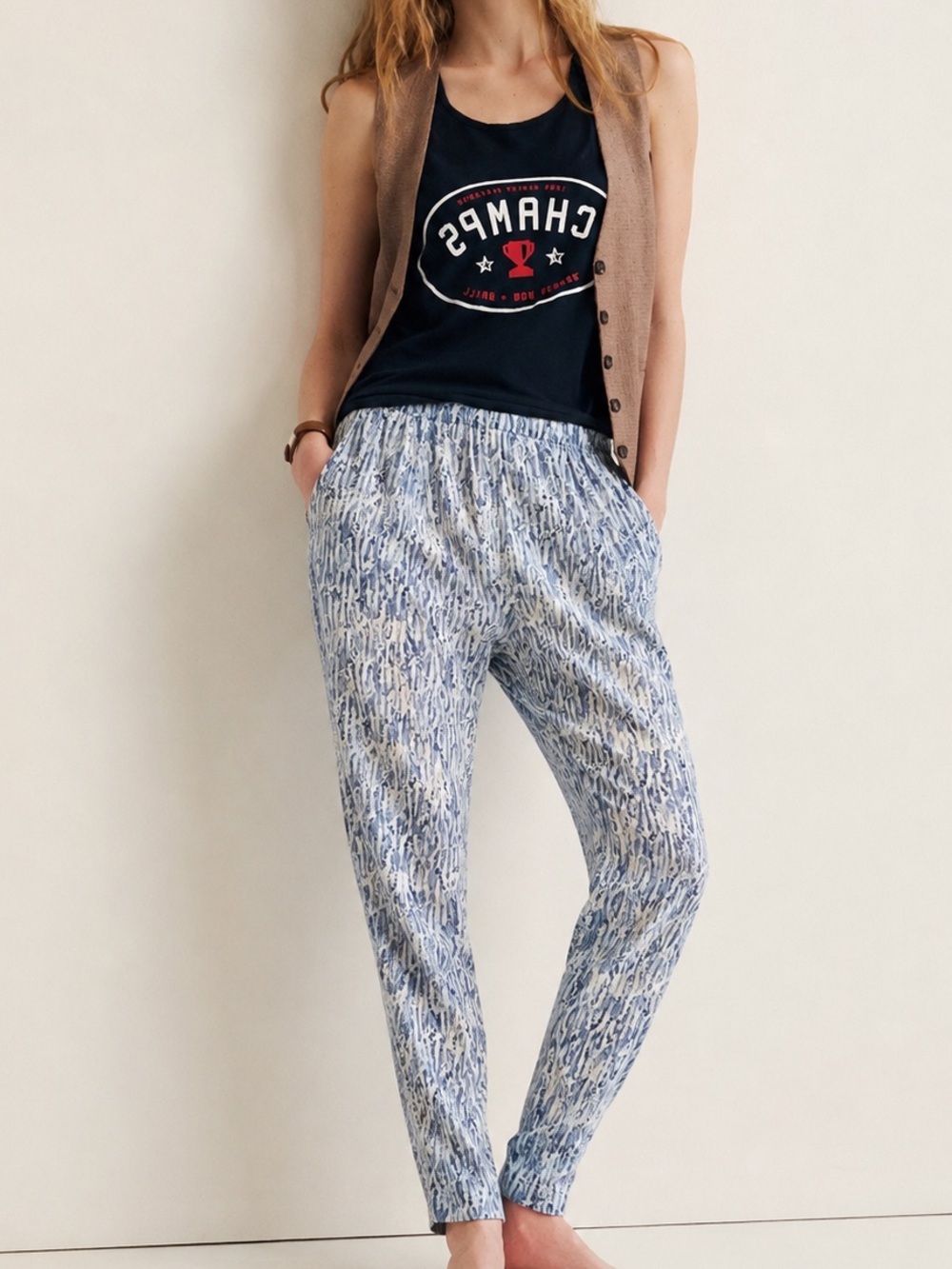 H&M Blue White Boho Tapered Leg Joggers Size Small